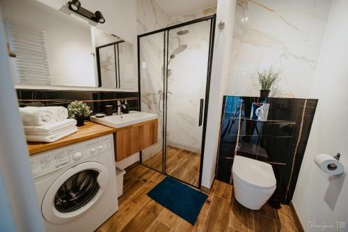 La salle de bains est pourvue d'un lave-linge et d'un lavabo. dans l'établissement Marta Grottgera Apartments, à Szklarska Poręba