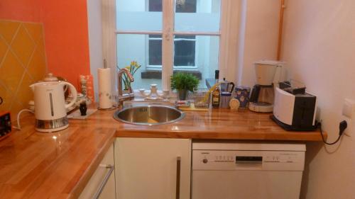 a kitchen counter with a sink and a window at Vorderer Westen Kassel in Kassel