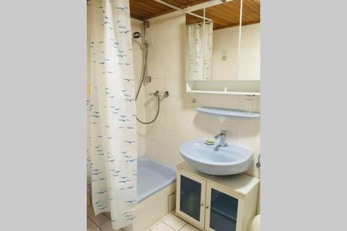 a bathroom with a sink and a shower curtain at Biete ruhige Zwei-Zimmer Souterrain-Wohnung in Niederkassel
