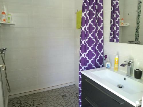 a bathroom with a sink and a shower at VILLA CANA avec SPA -Proche bourg - Calme in Terre-de-Haut