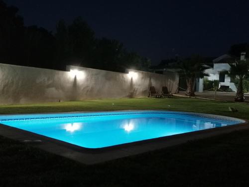 a swimming pool in a yard at night at Alojamiento Rural El Chaparral in Setenil