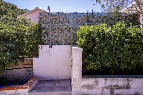 a stone wall with a gate and bushes at Lido di Noto Villa Cocus Apartment Vista Mare in Noto Marina