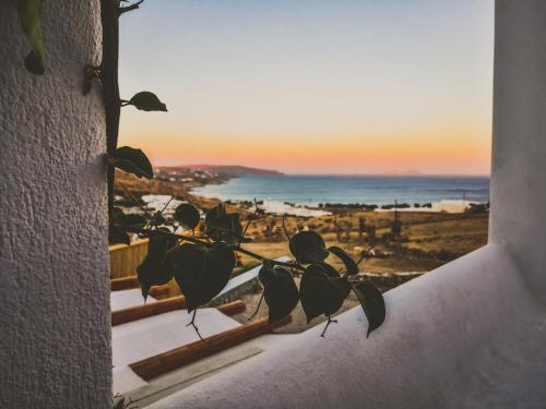 una ventana con una planta y vistas al océano en M-Vibes Mykonos Suites en Kalafatis