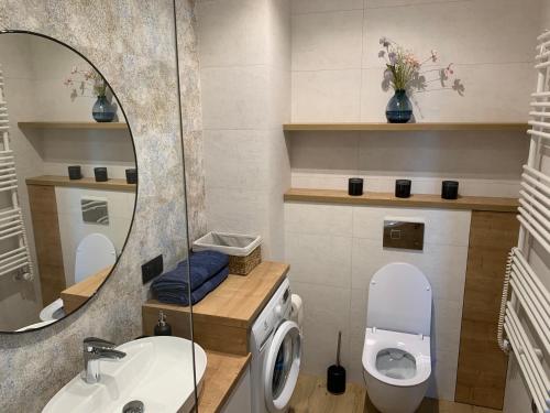 ein Badezimmer mit einem Waschbecken, einem WC und einem Spiegel in der Unterkunft VIP apartament w parku nad Zatoką in Puck