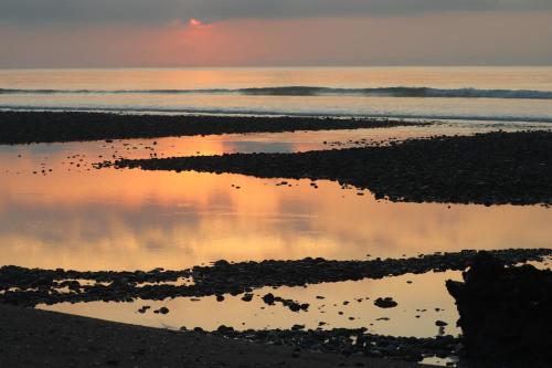 a reflection of the sunset in a puddle on the beach at Four Monkeys Eco Lodge - Jungle & Beach in Cabo Matapalo