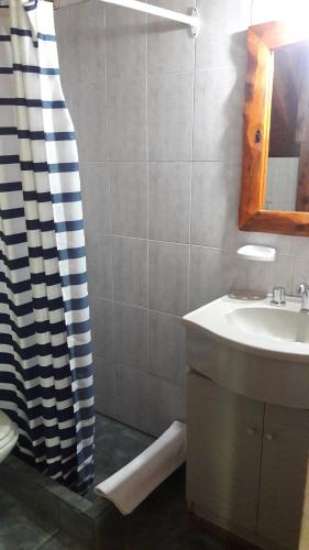 a bathroom with a sink and a shower curtain at El Aguila in San Carlos de Bariloche