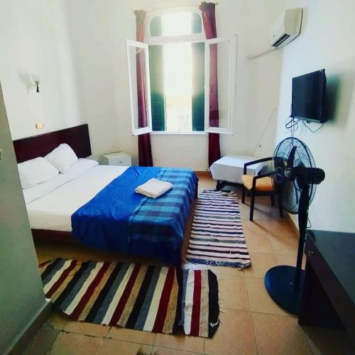 een slaapkamer met een bed, een raam en een tapijt bij Transit Alexandria Hostel in Alexandrië