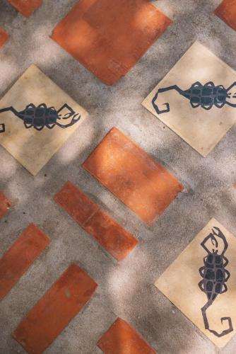 a tile floor with drawings of bugs on it at New Ruins Off-The-Grid SuperAdobe Domes with Pool in San Francisco de Abajo