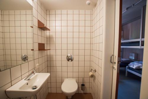 een kleine badkamer met een toilet en een wastafel bij Gîte Mozaïk in Louvain-la-Neuve