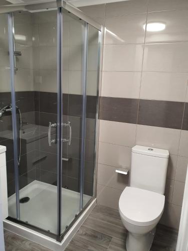 a bathroom with a toilet and a shower at Casa da Praça in Ponte de Sor