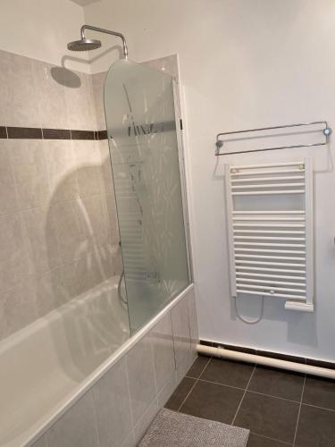 une douche avec une porte vitrée dans une salle de bain dans l'établissement Cosy and Quiet flat close to Disneyland Paris, à Montévrain