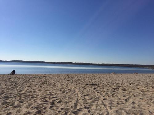 a sandy beach with a lake in the background at Wohnung in Leipzig