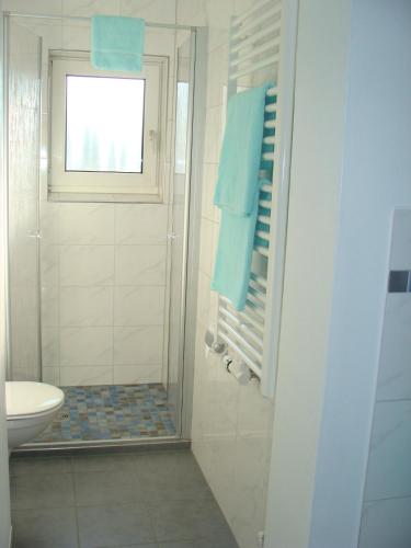 a bathroom with a toilet and a shower with blue towels at Drei Tannen in Bodenmais