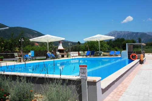 a large swimming pool with blue chairs and umbrellas at George Studios in Vasiliki