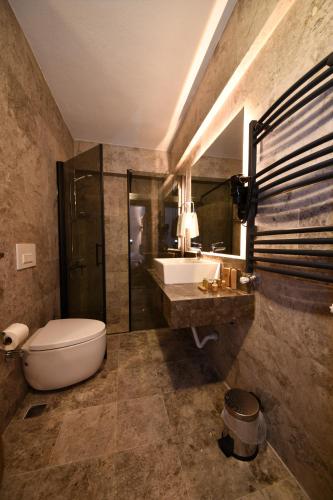 a bathroom with a toilet and a sink and a shower at 1774 Kazdağı Termal Otel in Ilija
