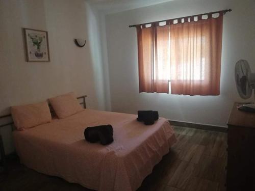 Un dormitorio con una cama con dos bolsas negras. en Casa no Campo en Algoz