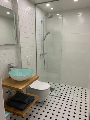 a bathroom with a sink and a glass shower at Piiri Apartment in Rakvere