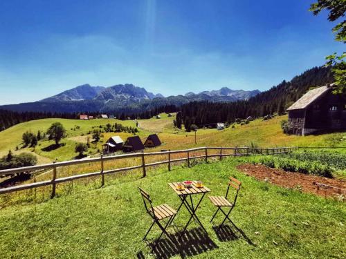 a table and chairs on a grassy hill with a barn at Bosaca in Žabljak