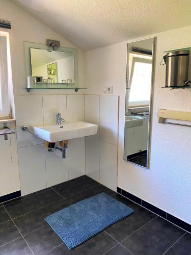 a bathroom with a sink and a mirror at Modern Red & Blue Apartment in Podstrana