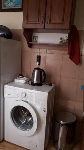 a washing machine with a tea kettle on top of it at Apartment Zhemchuzhina Ureki in Ureki