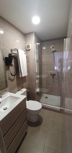 une salle de bain avec toilettes, douche et lavabo dans l'établissement Hôtel des Pyrénées - Entre Bastille et Nation, à Paris