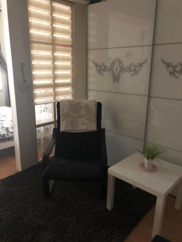 a chair and a table in a room at Terrace apartment s 1 spálńou Sofia-parking & Wifi in Bratislava