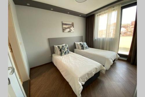um quarto de hotel com duas camas e uma janela em LUX 1BD/1BA City Center Apartment em Blagoevgrad