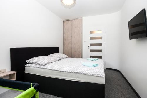 a small bedroom with a bed and a television at Lesna Dreams Apartament in Pobierowo