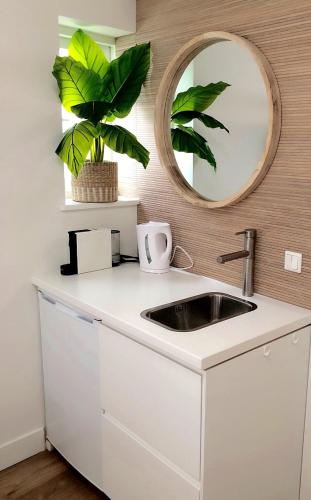 a bathroom with a sink and a mirror at Oranje Nassau aan Zee Studio in Zandvoort