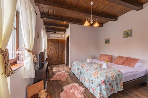 a bedroom with a bed and a tv in a room at Boróka Vendégház Tóalmás in Tóalmás