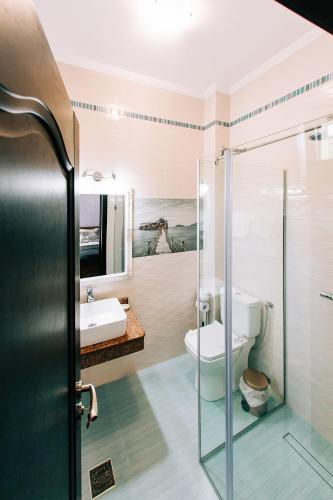 a bathroom with a shower and a toilet and a sink at Agropensiunea Ozon in Piatra Neamţ