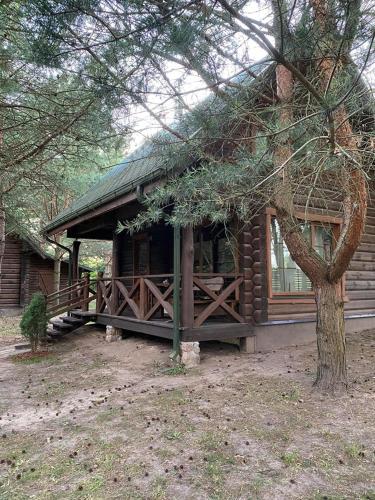 una baita di tronchi con un albero di fronte di Šeimyninis namelis nr.1 a Kurėnai
