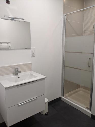 une salle de bain blanche avec un lavabo et une douche dans l'établissement Appartement 10A - RDC-centre ville-local vélo, à Malestroit
