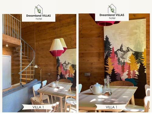 two pictures of a dining room with a table and a wall at Dreamland VILLAS in Arkhyz