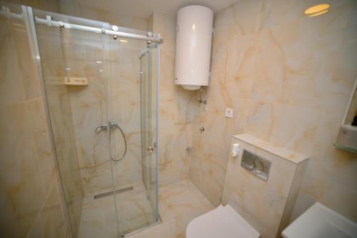 a bathroom with a glass shower with a toilet at AMETIST10 in Zlatibor