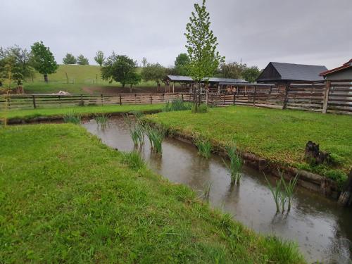 a river in a field next to a fence at u Ďurkových in Žabokreky nad Nitrou