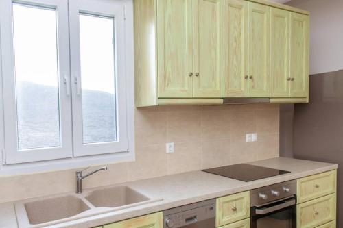 uma cozinha com armários amarelos, um lavatório e duas janelas em Marble Art Villas em Pánormos