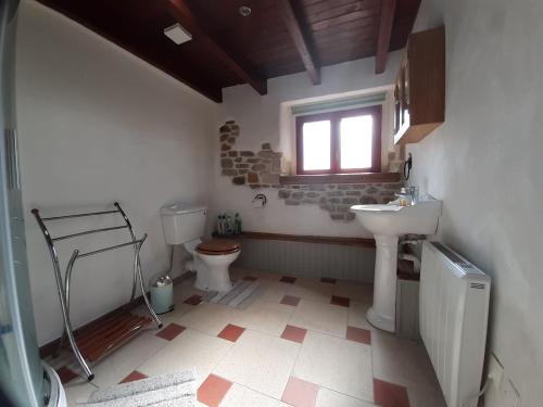 une salle de bain avec un lavabo et des toilettes et une fenêtre dans l'établissement Les Rivieres, à Saint-Germain-sur-Sèves