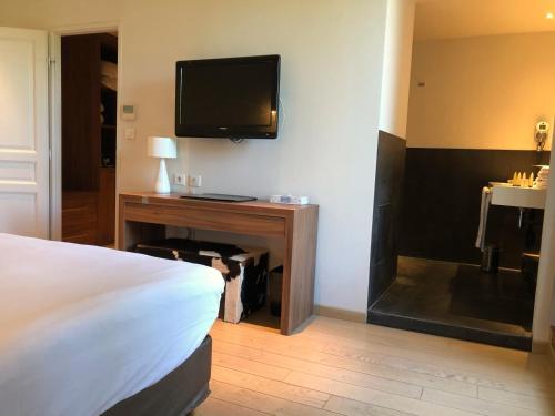 a hotel room with a bed and a tv on the wall at Le Pré du Moulin - Maison Alonso - Hôtel & Restaurant in Sérignan-du-Comtat