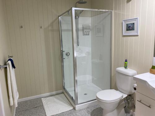 a bathroom with a shower and a toilet at Hideaway on Hume #2 in Boonah