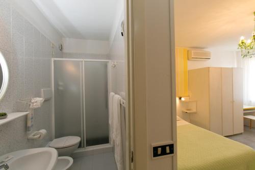 ein Bad mit einer Dusche, einem WC und einem Waschbecken in der Unterkunft Residence Castiglione in Castiglione del Lago