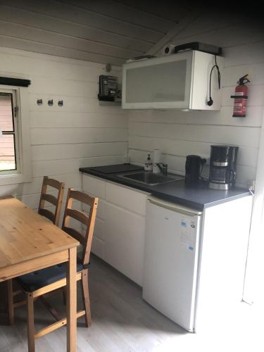 une petite cuisine avec une table et un four micro-ondes dans l'établissement Lohals camping, à Tranekær