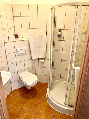 a bathroom with a shower and a toilet and a sink at Pokoje Hotelowe Norbit in Grodzisk Mazowiecki