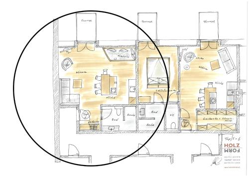 a drawing of a floor plan of a house at Brunnwirt ESSEN & WOHNEN in Fuschl am See