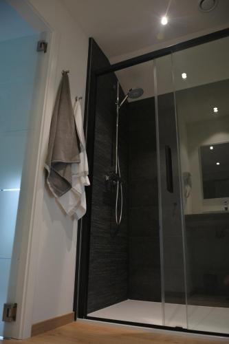 eine Dusche mit einer Glastür in einem Badezimmer in der Unterkunft Villa Charles in Francorchamps