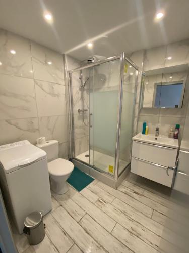 une salle de bain avec une douche, des toilettes et un lavabo dans l'établissement 018 CHIC & COSY F1 41m2 HYPERCENTRE WIFI SMART TV NETFLIX, à Saint-Étienne