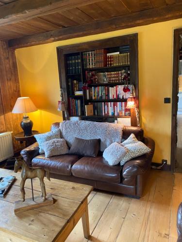a brown leather couch in a living room with a book shelf at Chalet Le Triollet in Saint-Gervais-les-Bains