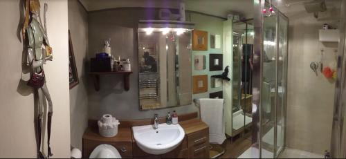 a bathroom with a sink and a shower and a toilet at Lovely double bedroom in Rotherhithe in London