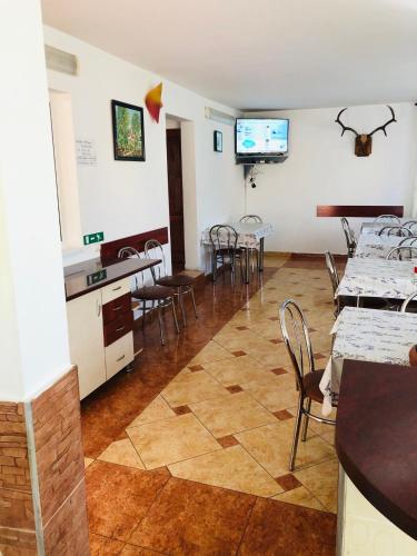 a room with tables and chairs and a flat screen tv at Vila Diana in Vartop