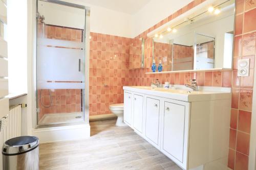 une salle de bain avec un lavabo, des toilettes et un miroir dans l'établissement La maison au bord de l Aure, à Bayeux